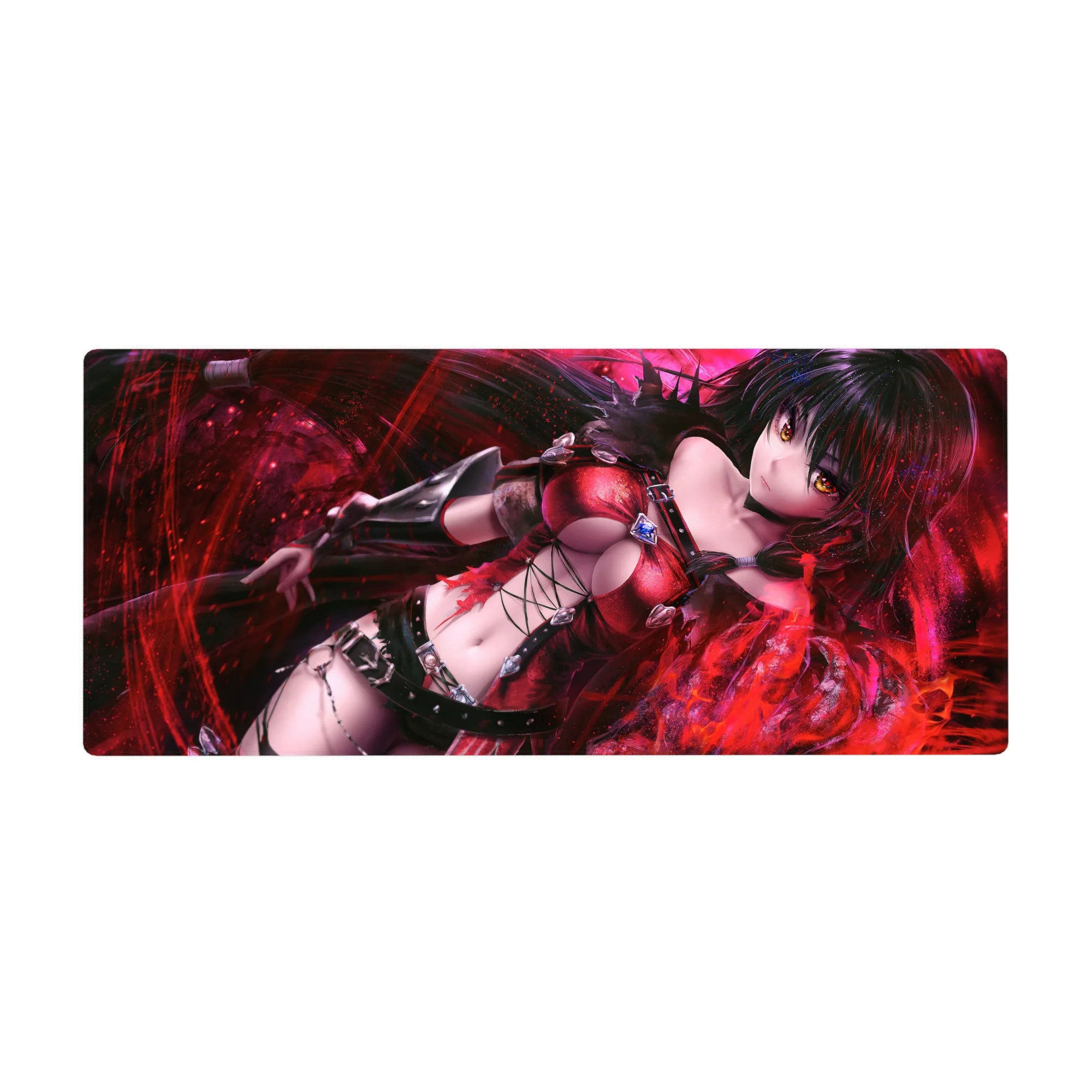 Anime girl desk pad 36x16 inches with raven-haired heroine, amber eyes, crimson leather and black straps.