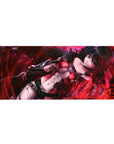 Anime girl desk pad 36x16 inches with raven-haired heroine, amber eyes, crimson leather and black straps.
