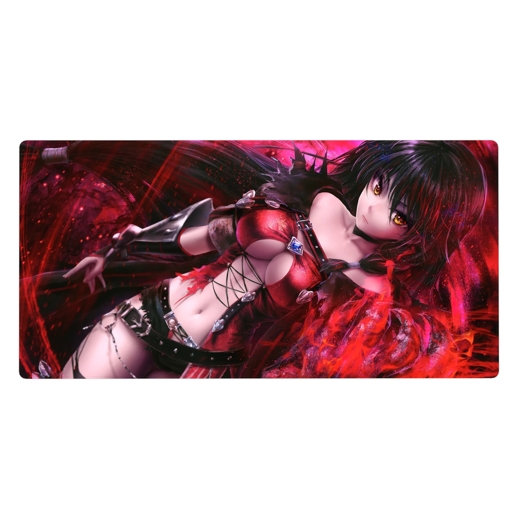 Dark fantasy anime girl desk pad 40x20 inches with raven hair, amber eyes, red leather and black straps.