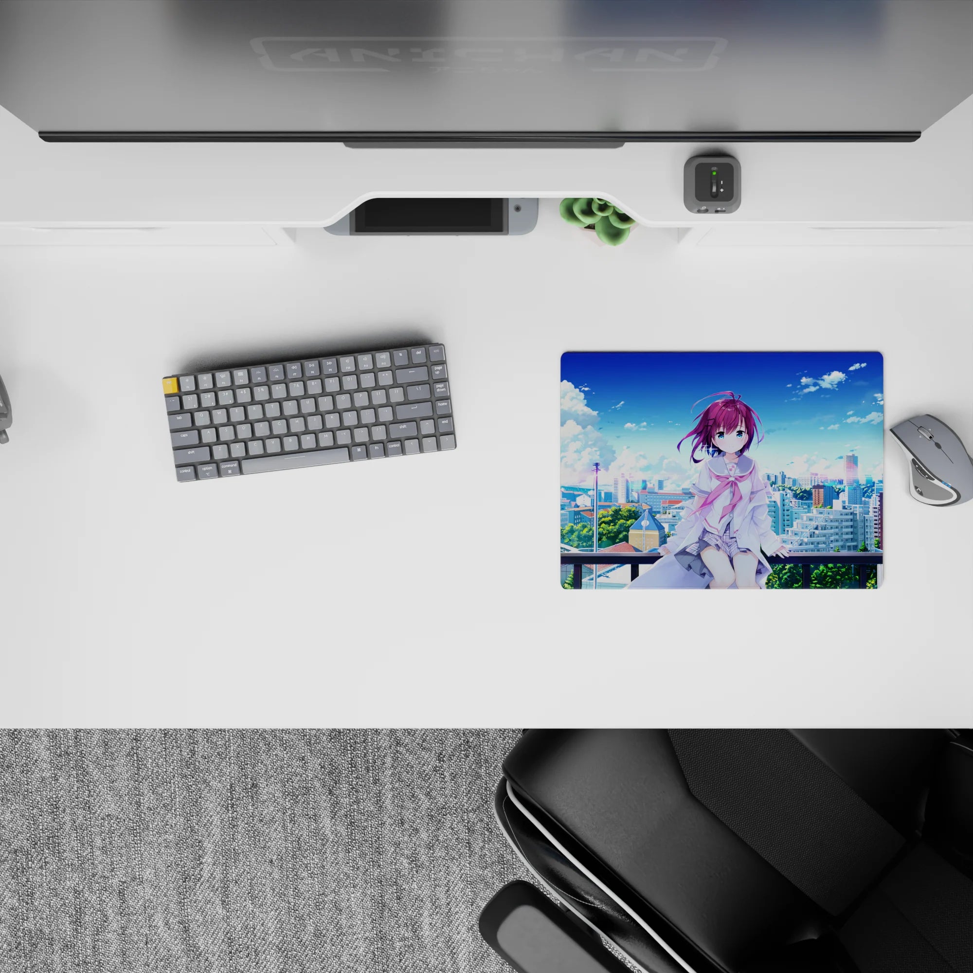Soft purple, blue, and white anime girl mouse pad 14x10 inches with calm airy summer rooftop vibe.