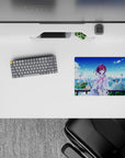 Soft purple, blue, and white anime girl mouse pad 14x10 inches with calm airy summer rooftop vibe.