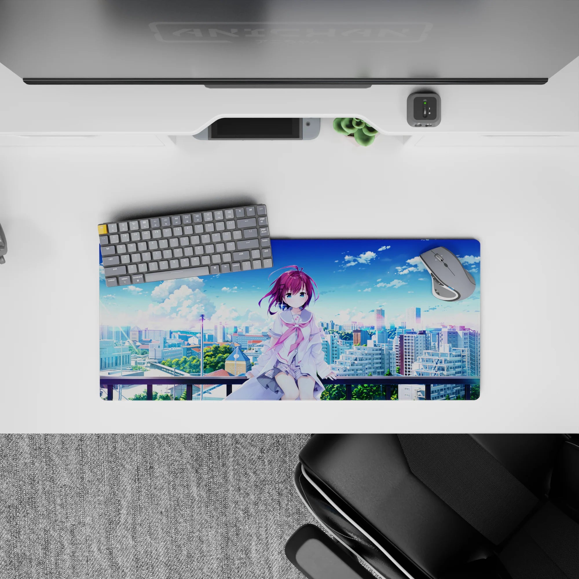 28x12 inches anime girl mouse pad in soft purple and sky blue tones, calm airy summer vibe.