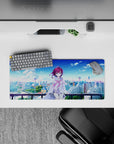 28x12 inches anime girl mouse pad in soft purple and sky blue tones, calm airy summer vibe.
