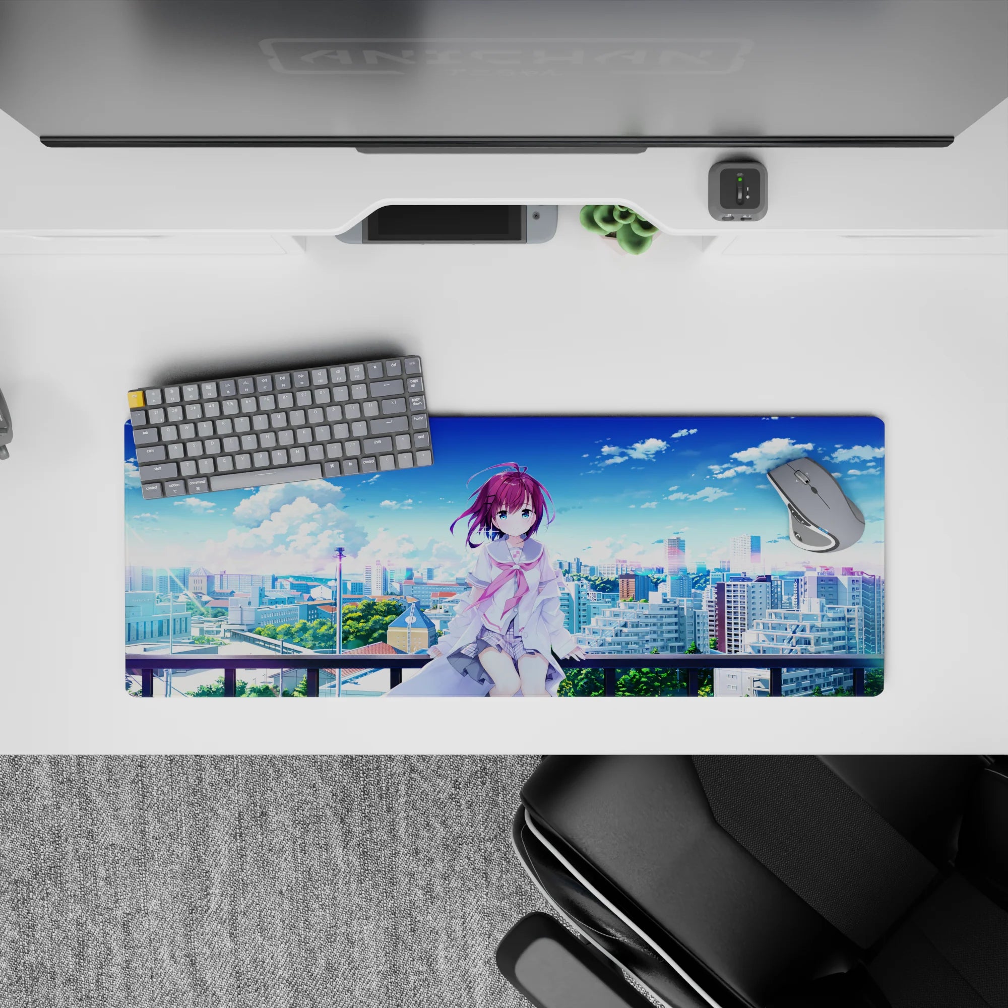 32x12 inches anime girl mouse pad in soft purples and crisp sky blues for a calm, airy desk vibe.