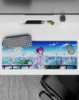 32x12 inches anime girl mouse pad in soft purples and crisp sky blues for a calm, airy desk vibe.