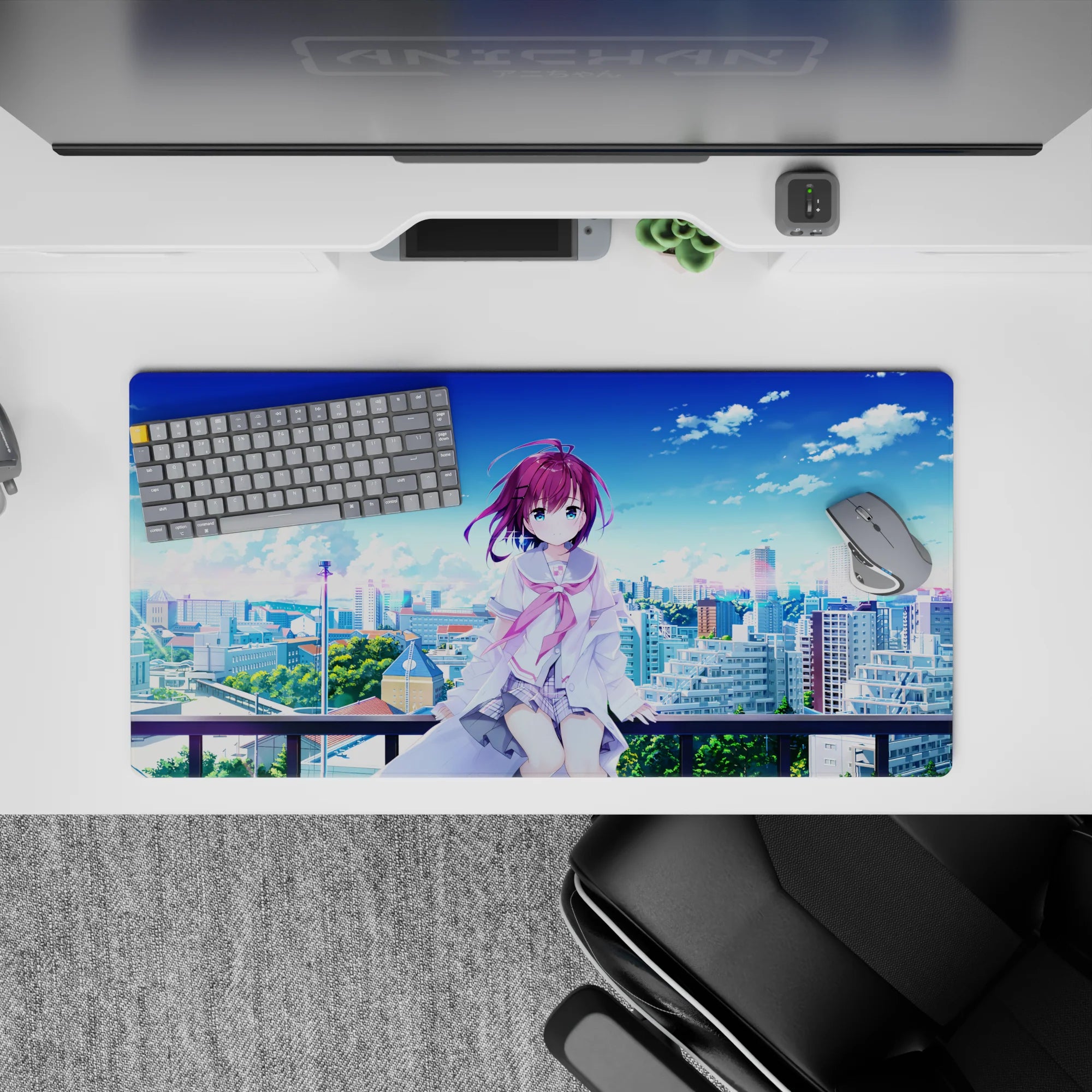 32x16 inches anime girl mouse pad in soft blues and whites, airy calm vibe with green trees and clouds.
