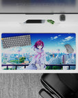 32x16 inches anime girl mouse pad in soft blues and whites, airy calm vibe with green trees and clouds.