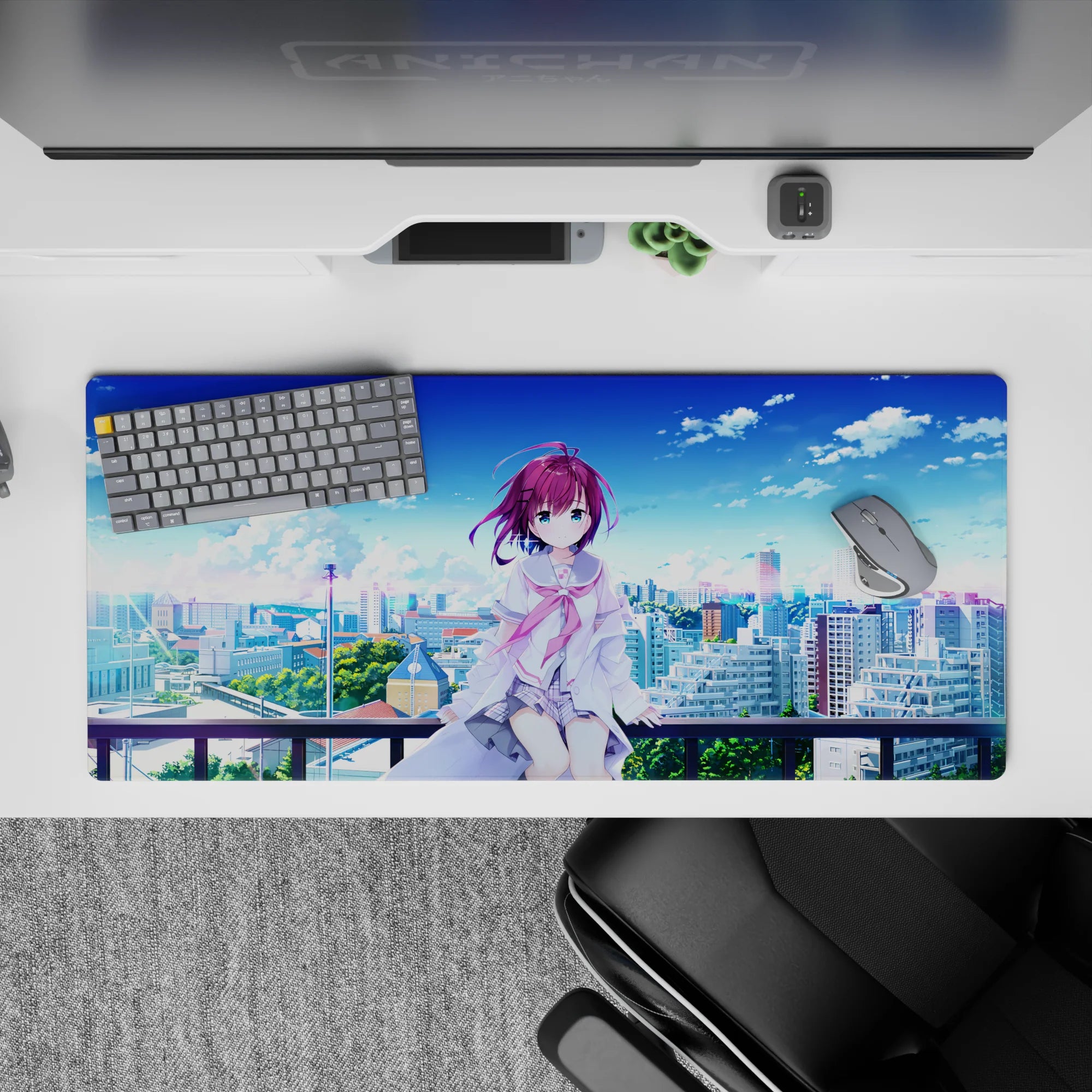 Soft pastel anime desk pad 36x16 inches in airy blues and whites with calm city and trees below.