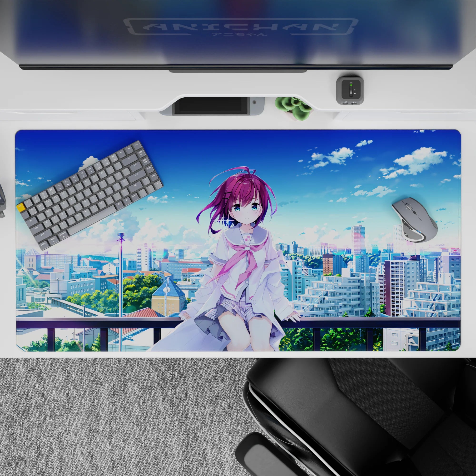 40x20 inches anime desk pad in soft blues and cloud whites, calm summer vibe with pastel purple accents.