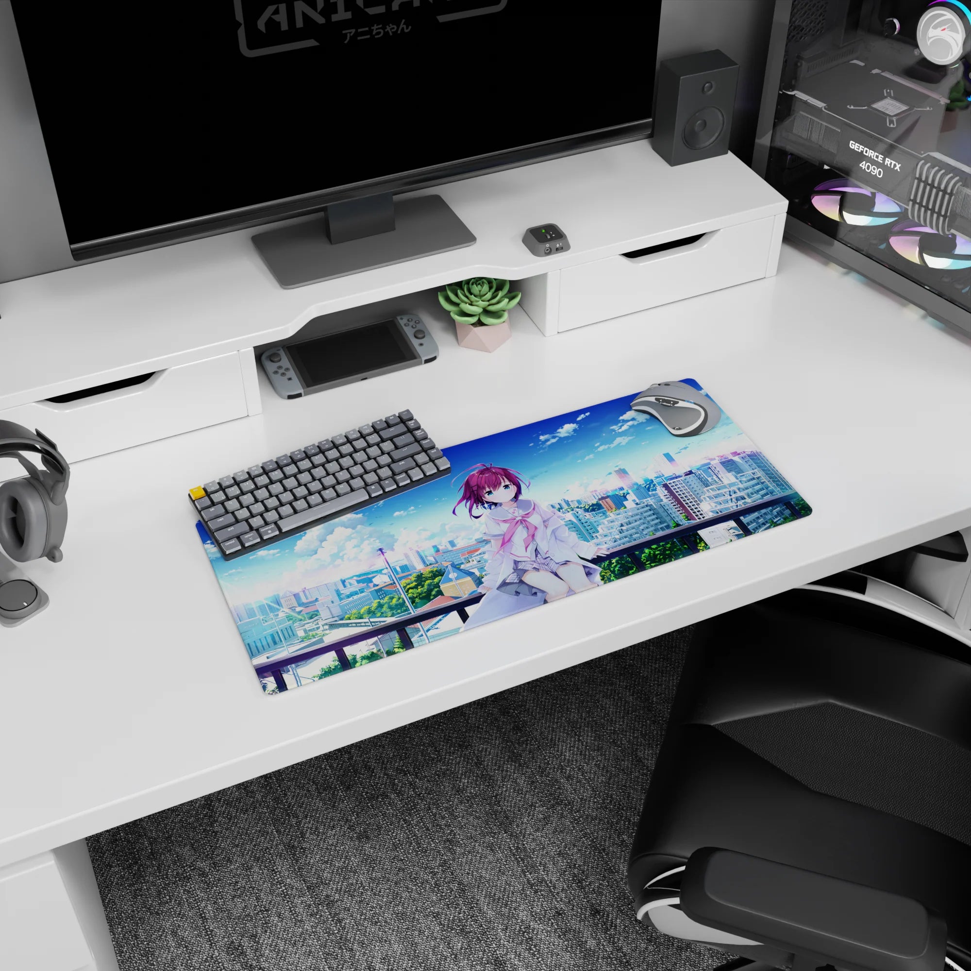 28x12 inches anime girl mouse pad showing a shy girl in a loose white jacket on a rooftop over the city.