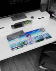 28x12 inches anime girl mouse pad showing a shy girl in a loose white jacket on a rooftop over the city.