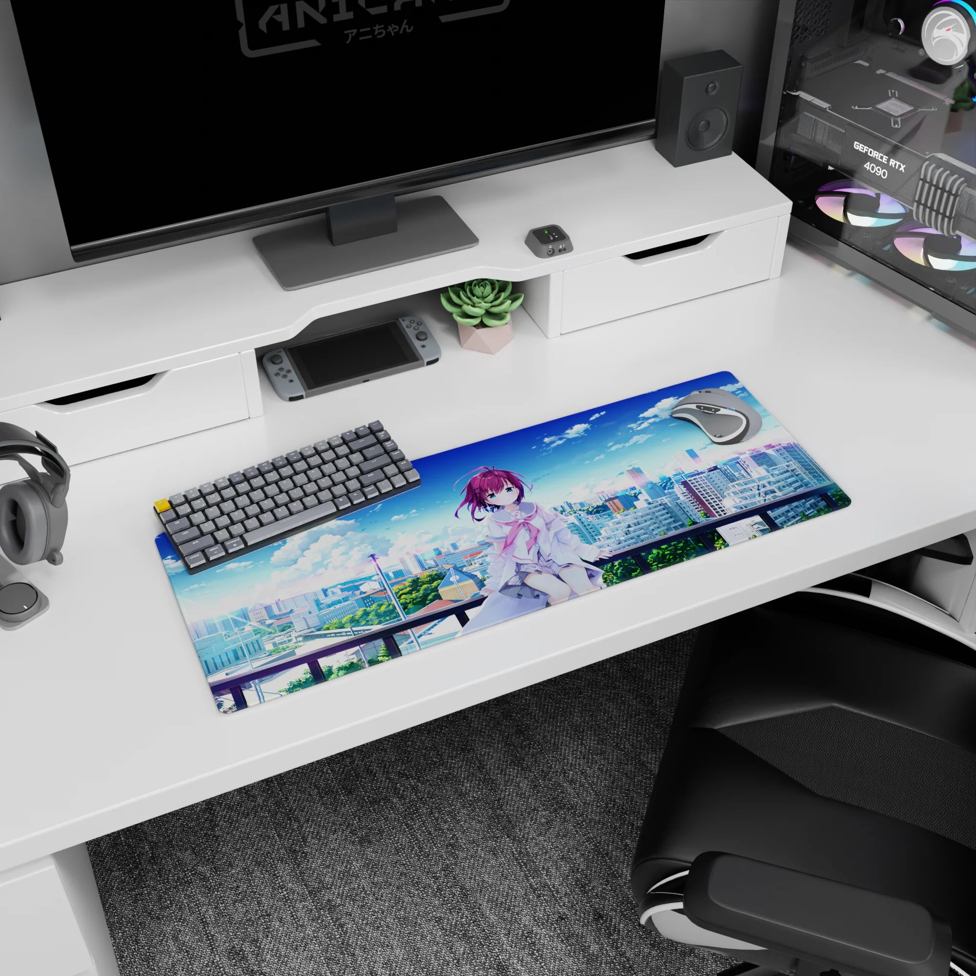 32x12 inches anime girl mouse pad with a shy purple-haired girl on a rooftop, white jacket in breeze.