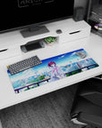 32x12 inches anime girl mouse pad with a shy purple-haired girl on a rooftop, white jacket in breeze.