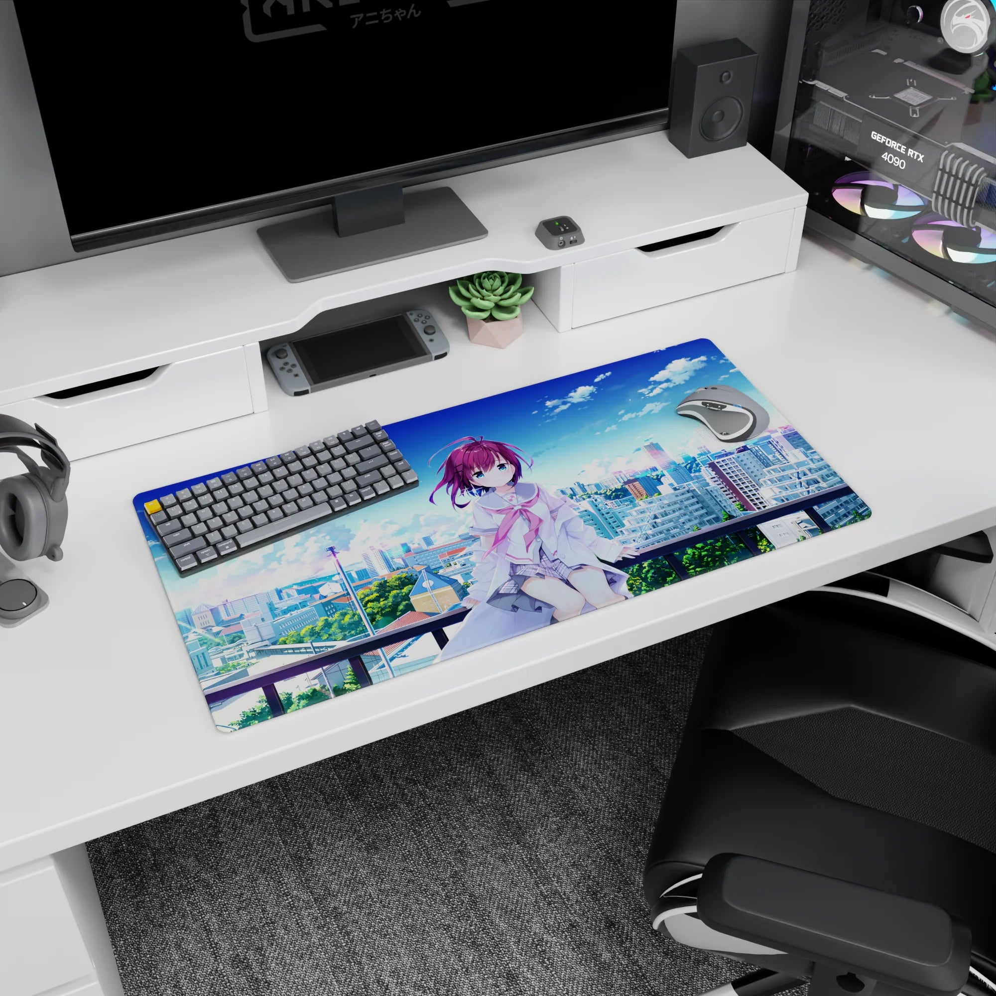 32x16 inches anime girl mouse pad showing a bashful purple-haired girl on a rooftop in a loose white jacket.