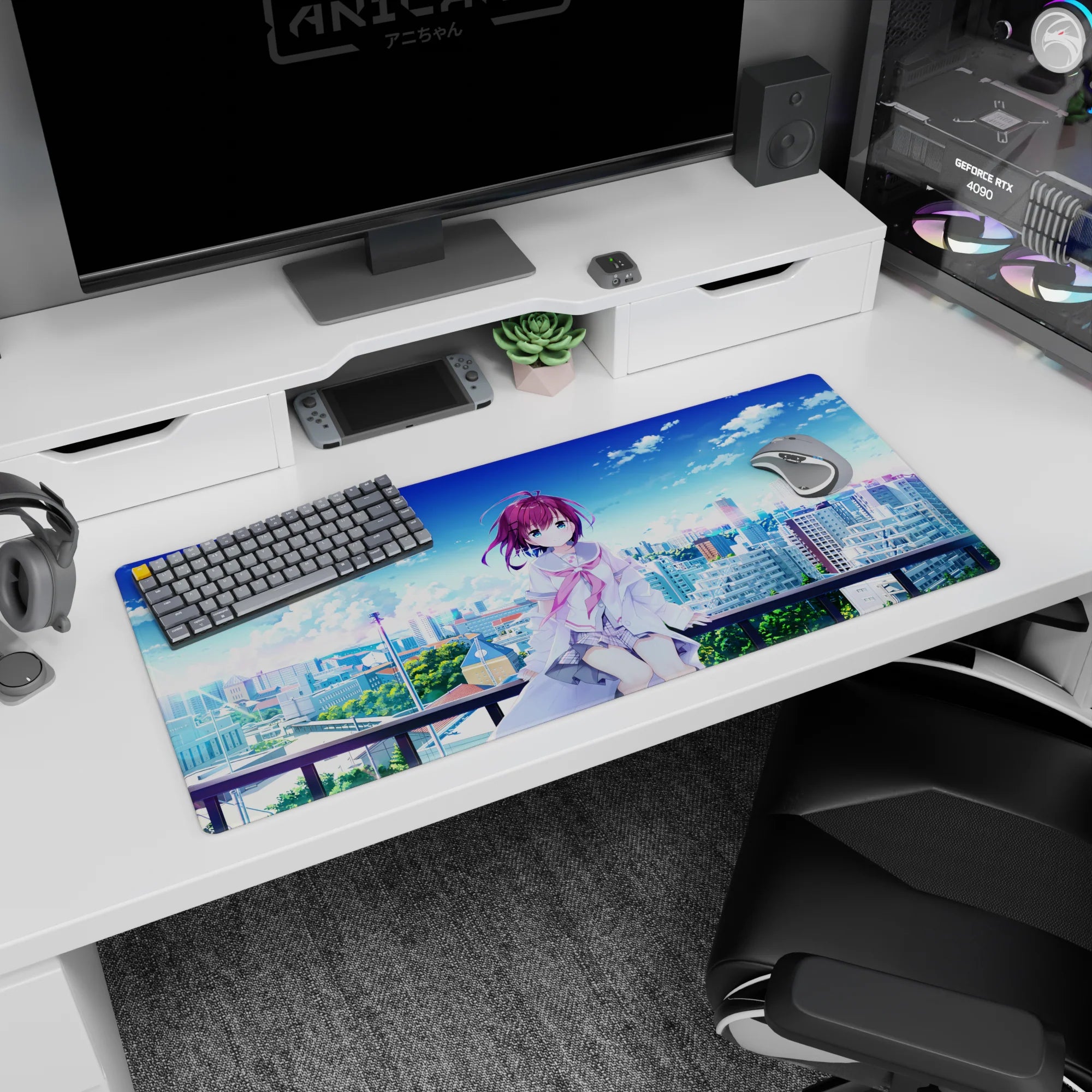 Shy purple-haired anime girl on a rooftop desk pad 36x16 inches, loose white jacket in summer breeze.