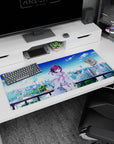 Shy purple-haired anime girl on a rooftop desk pad 36x16 inches, loose white jacket in summer breeze.