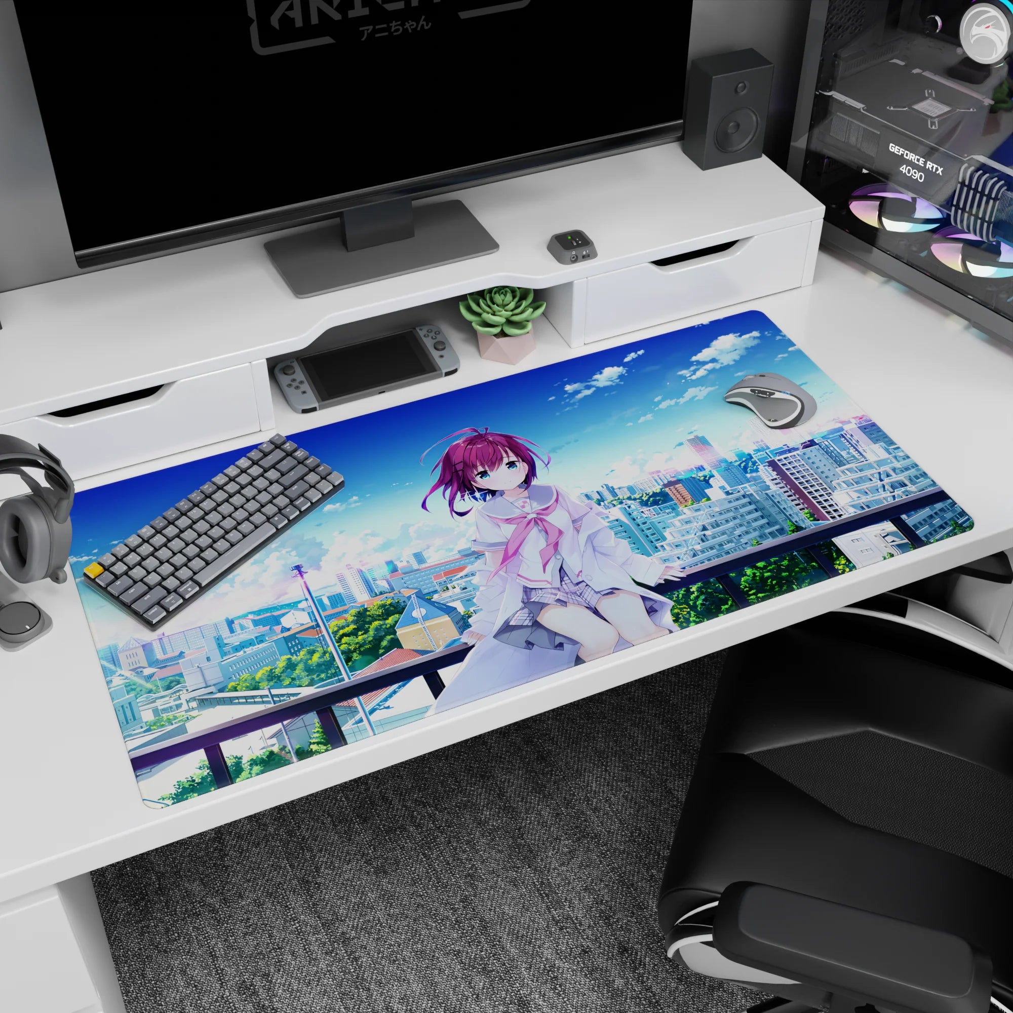 Shy purple-haired anime girl with big blue eyes on a rooftop, white jacket fluttering, 40x20 inches.