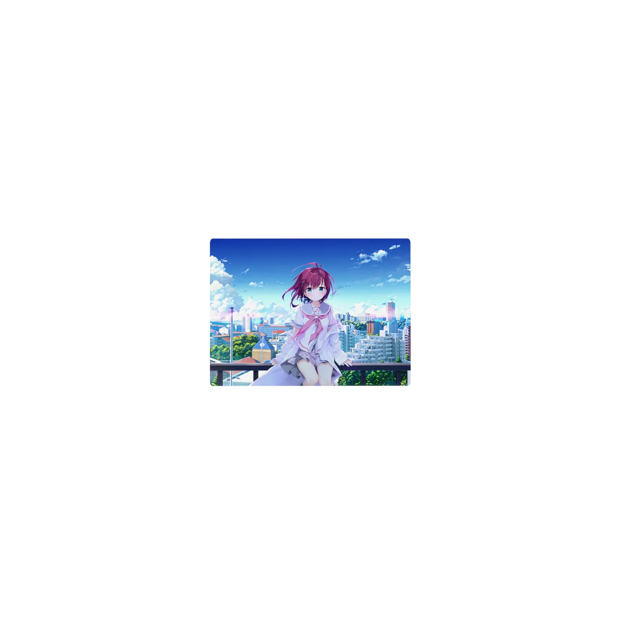 Classic anime girl mouse pad 14x10 inches, rooftop shy girl with purple hair and city skyline background.