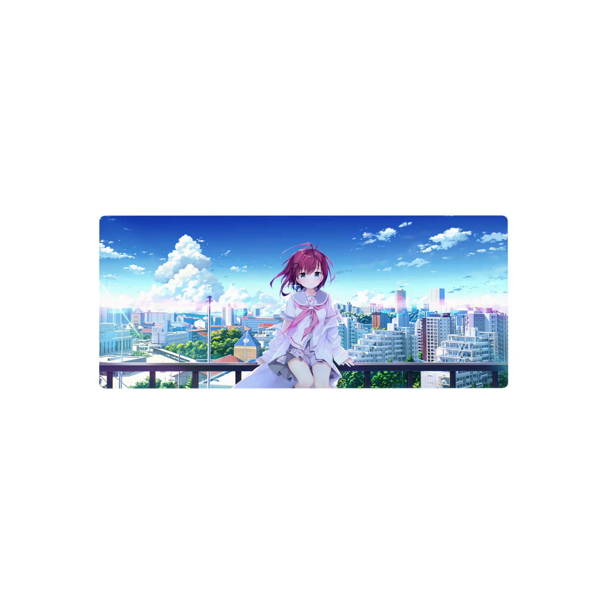 28x12 inches anime girl mouse pad with shy rooftop girl, purple hair, blue eyes, city skyline backdrop.