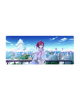 28x12 inches anime girl mouse pad with shy rooftop girl, purple hair, blue eyes, city skyline backdrop.