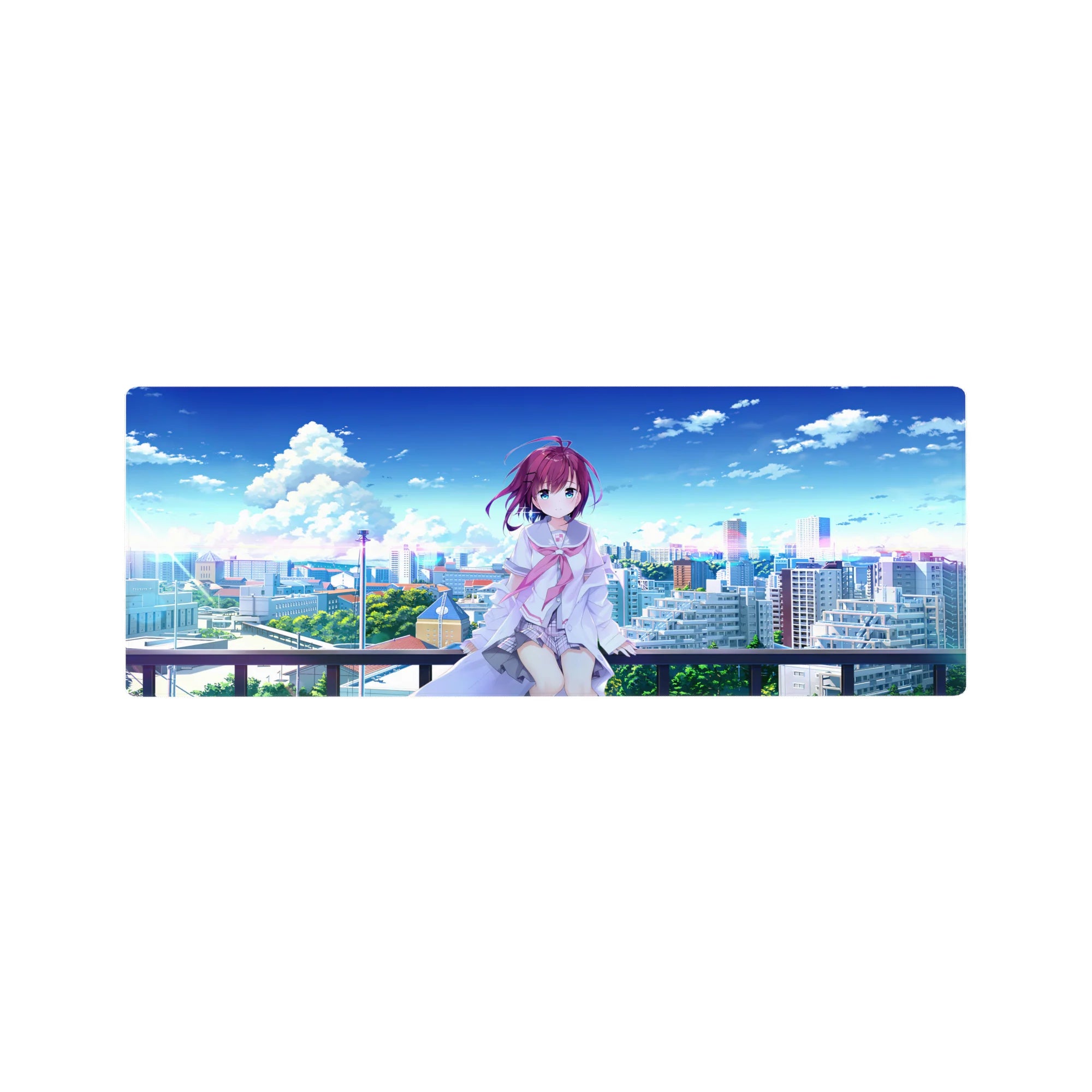 32x12 inches anime girl mouse pad featuring a shy rooftop girl, purple hair, blue eyes, city skyline.
