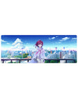 32x12 inches anime girl mouse pad featuring a shy rooftop girl, purple hair, blue eyes, city skyline.
