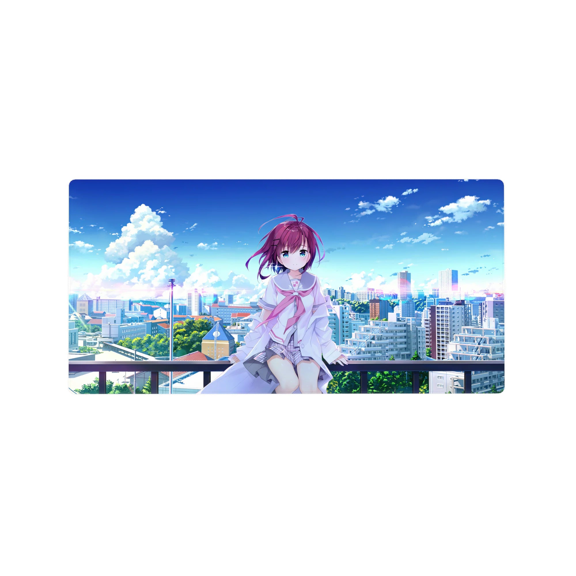 32x16 inches anime girl mouse pad with rooftop shy girl, purple hair, blue eyes, and city skyline.