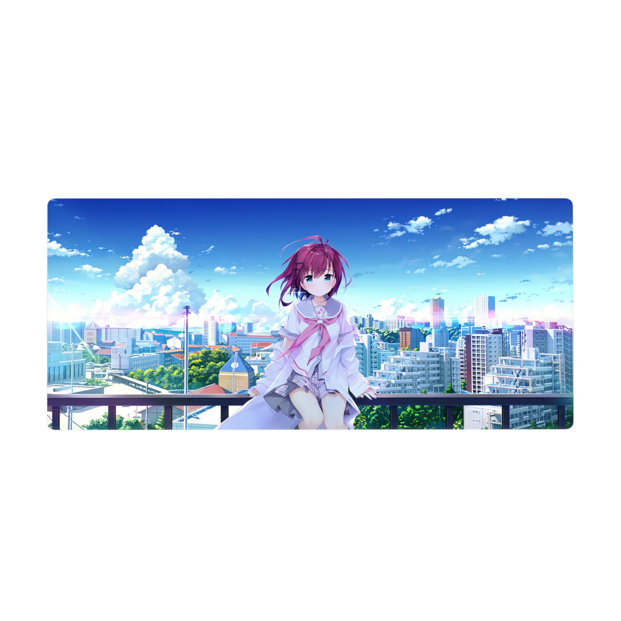 Anime girl rooftop skyline desk pad 36x16 inches with purple hair, blue eyes, and white jacket.