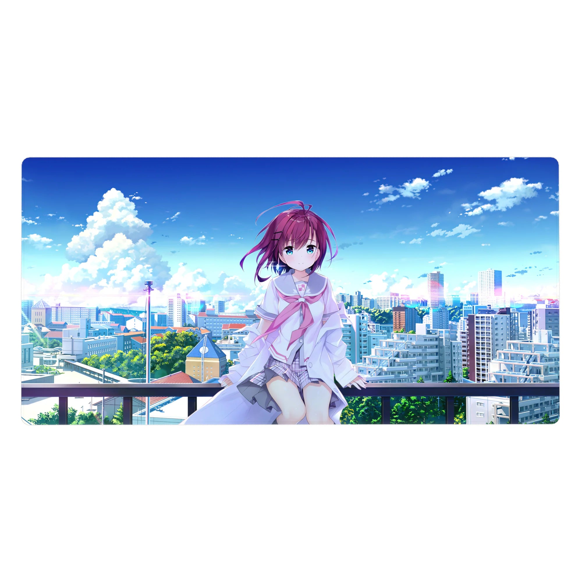 Anime girl desk pad 40x20 inches with rooftop skyline scene, purple-haired girl and airy city view.