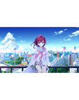Anime girl desk pad 40x20 inches with rooftop skyline scene, purple-haired girl and airy city view.