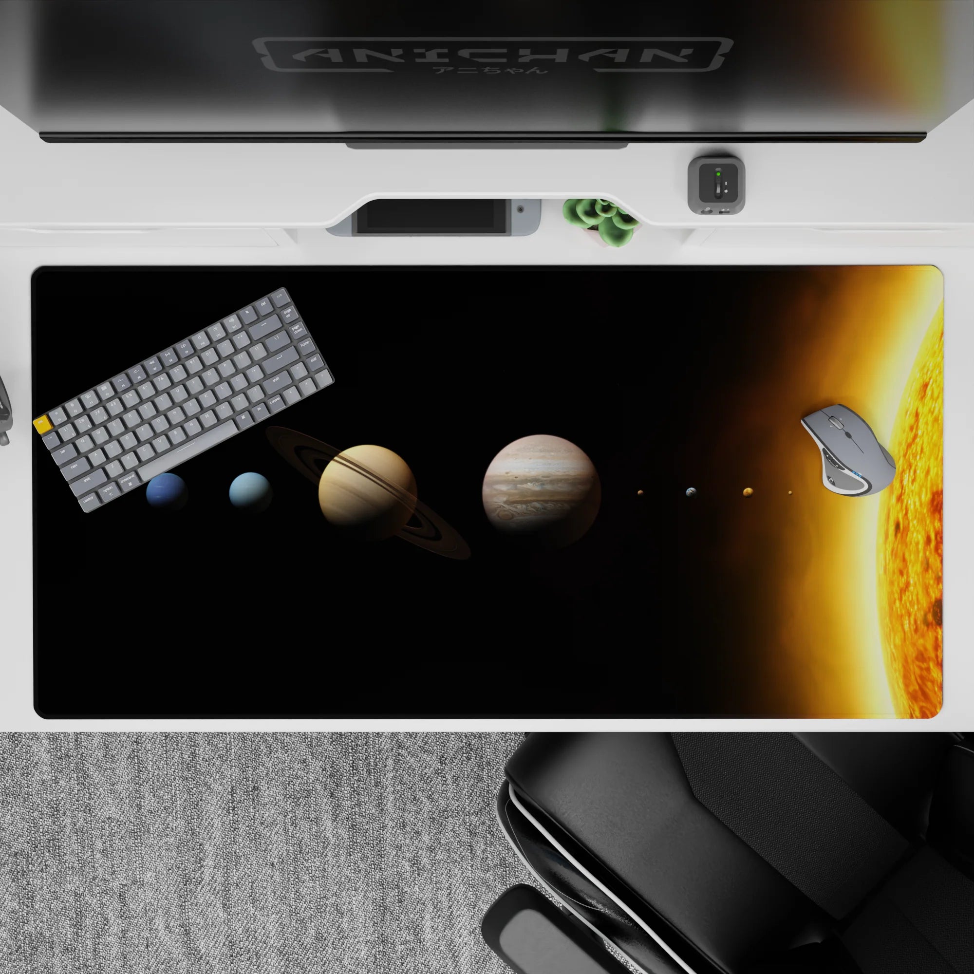 Calm, epic 40x20 inches desk pad in rich black with warm gold sun glow, soft gradients, and shadows.