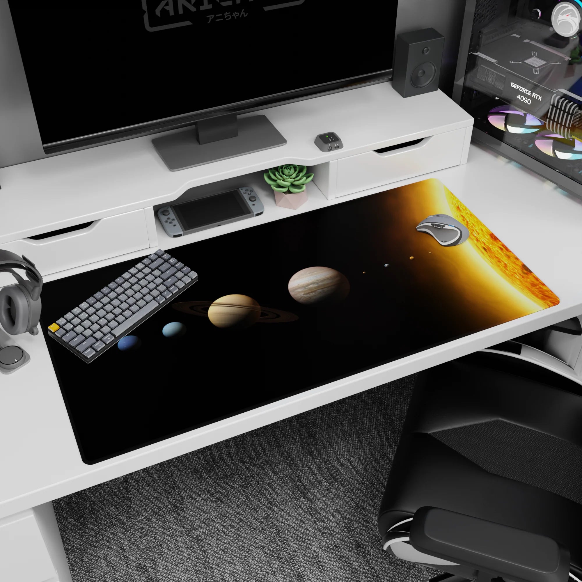 Planets lined up like desk buddies on a 40x20 inches desk pad, floating in deep space with clean rings.