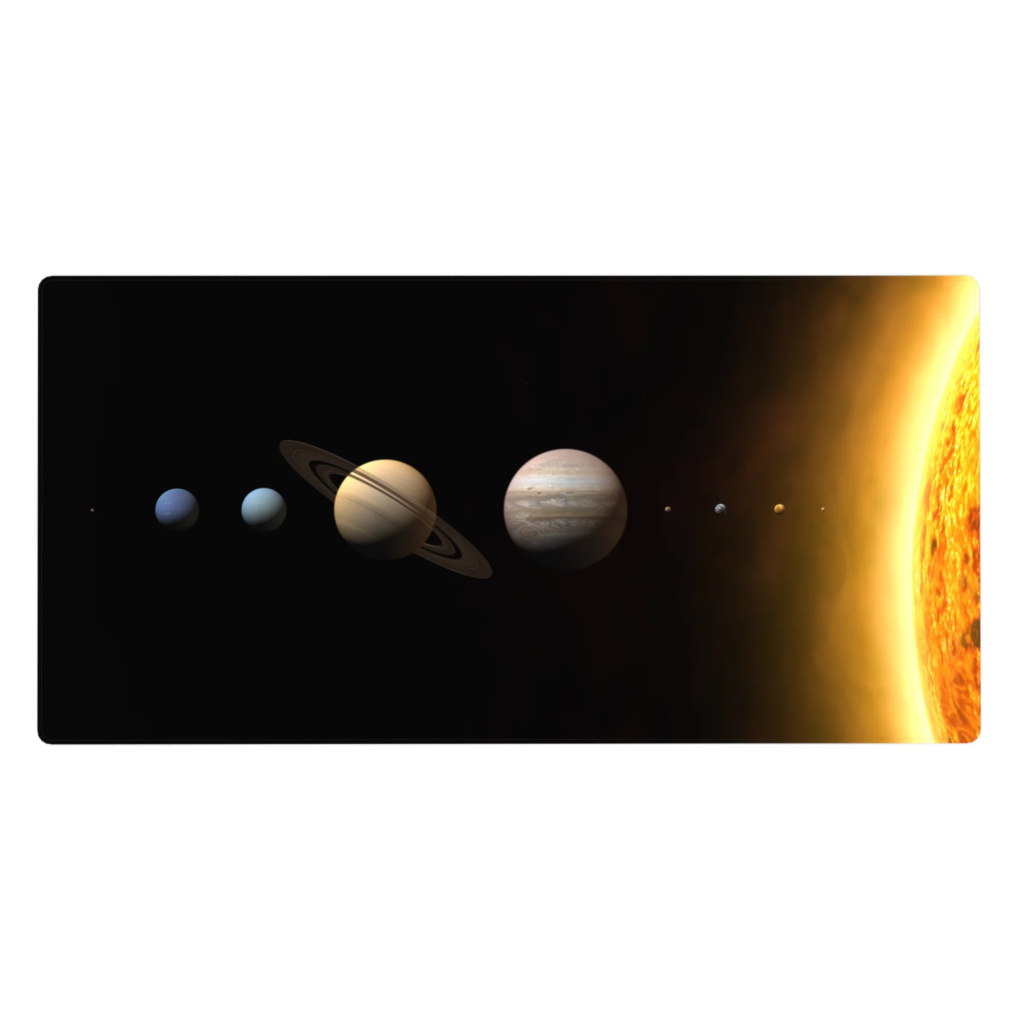 Solar system desk pad 40x20 inches with aligned planets, orbital rings, and sun on a black space backdrop.
