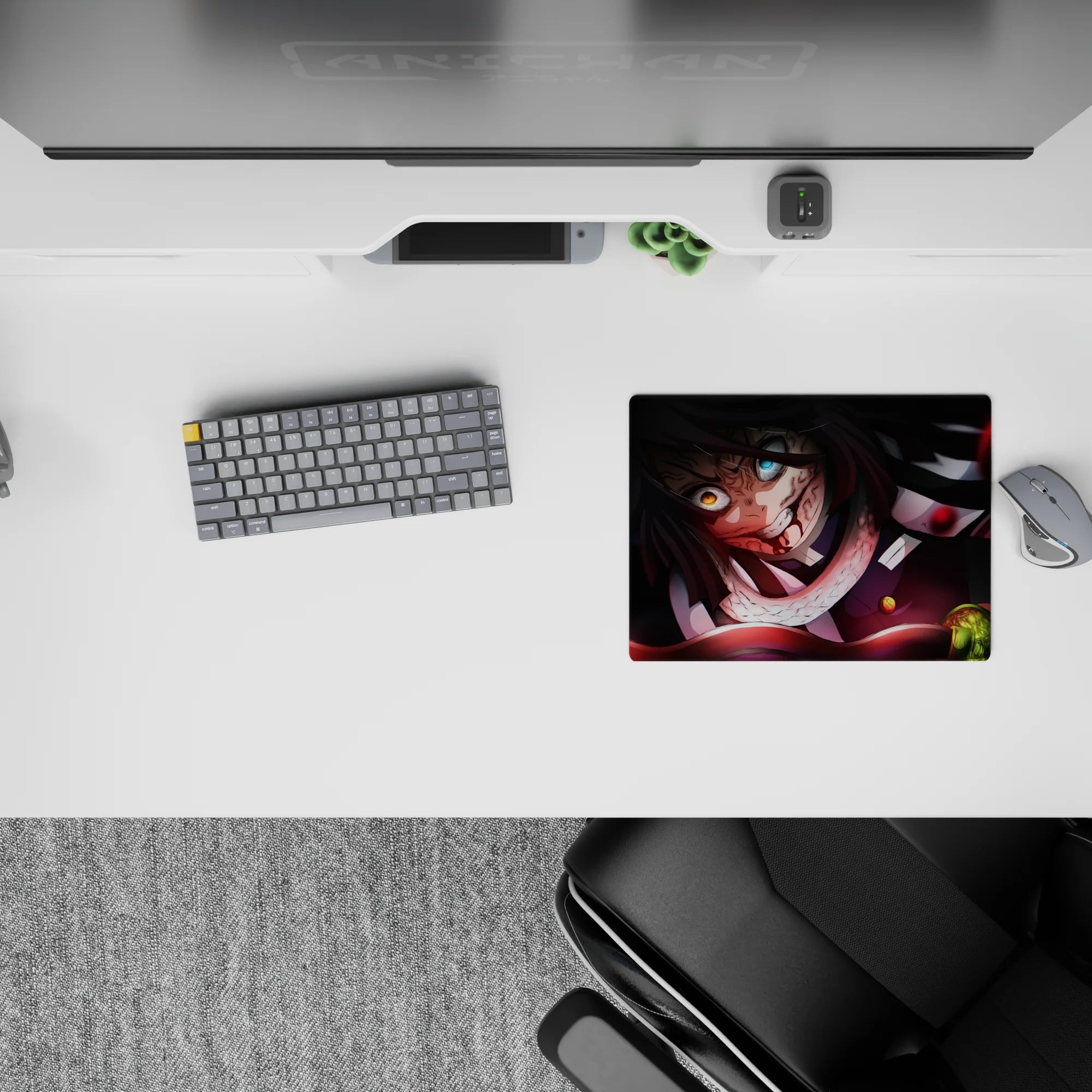 Obanai Iguro anime mouse pad, 14x10 inches, in battle pose with serpent; black and crimson colors, intense design.