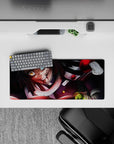 Anime mouse pad 28x12 inches featuring Obanai Iguro in battle, serpent coiled, with a black and crimson color scheme.