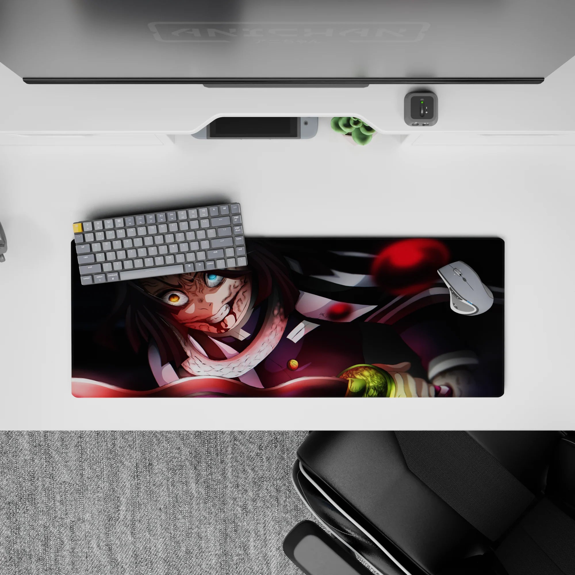 Anime mouse pad 32x12 inches featuring Obanai Iguro in battle, serpent coiled and eyes glowing against a black-crimson backdrop.