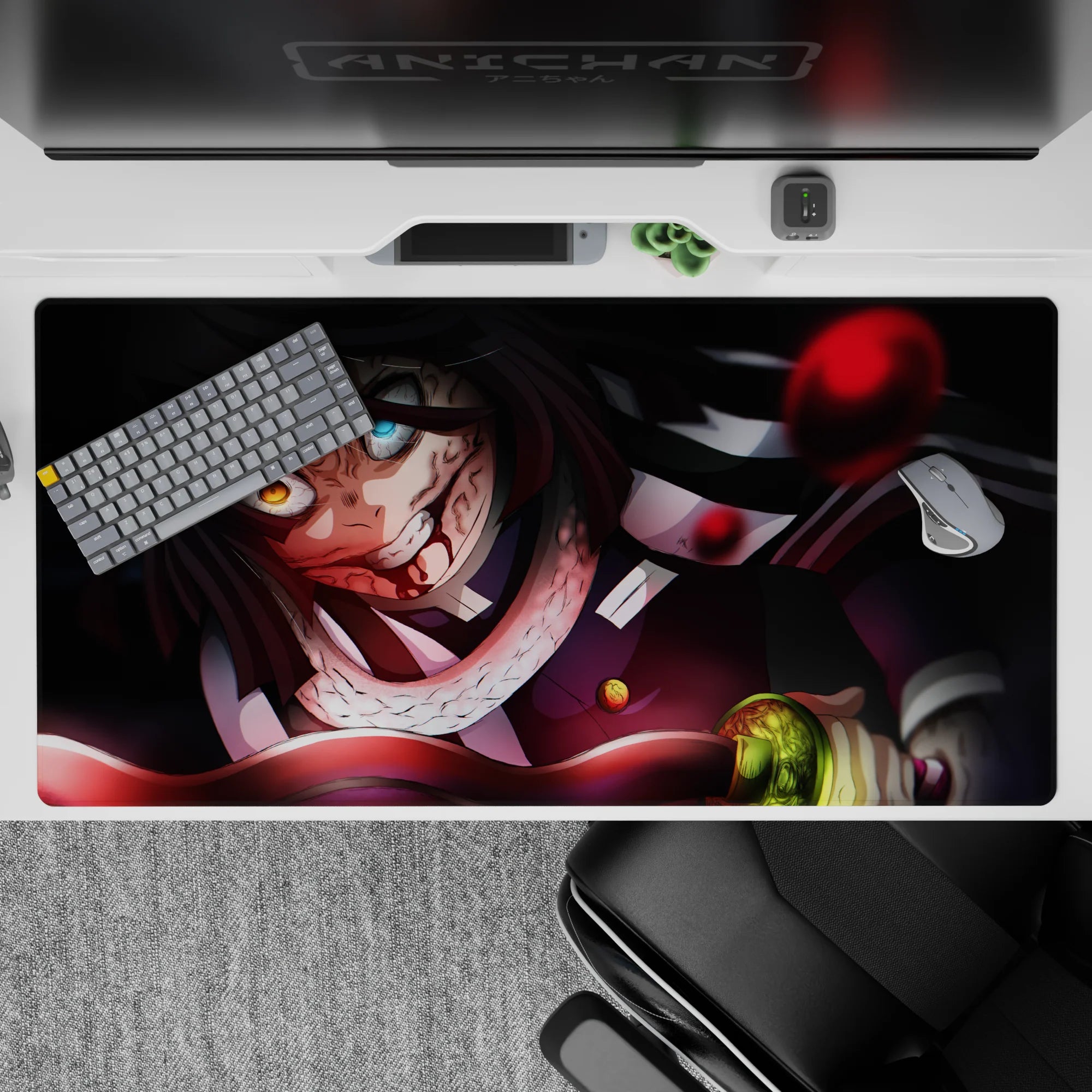 Anime mouse pad 40x20 inches featuring Obanai Iguro in battle, serpent eyes glowing, with black and crimson colors.