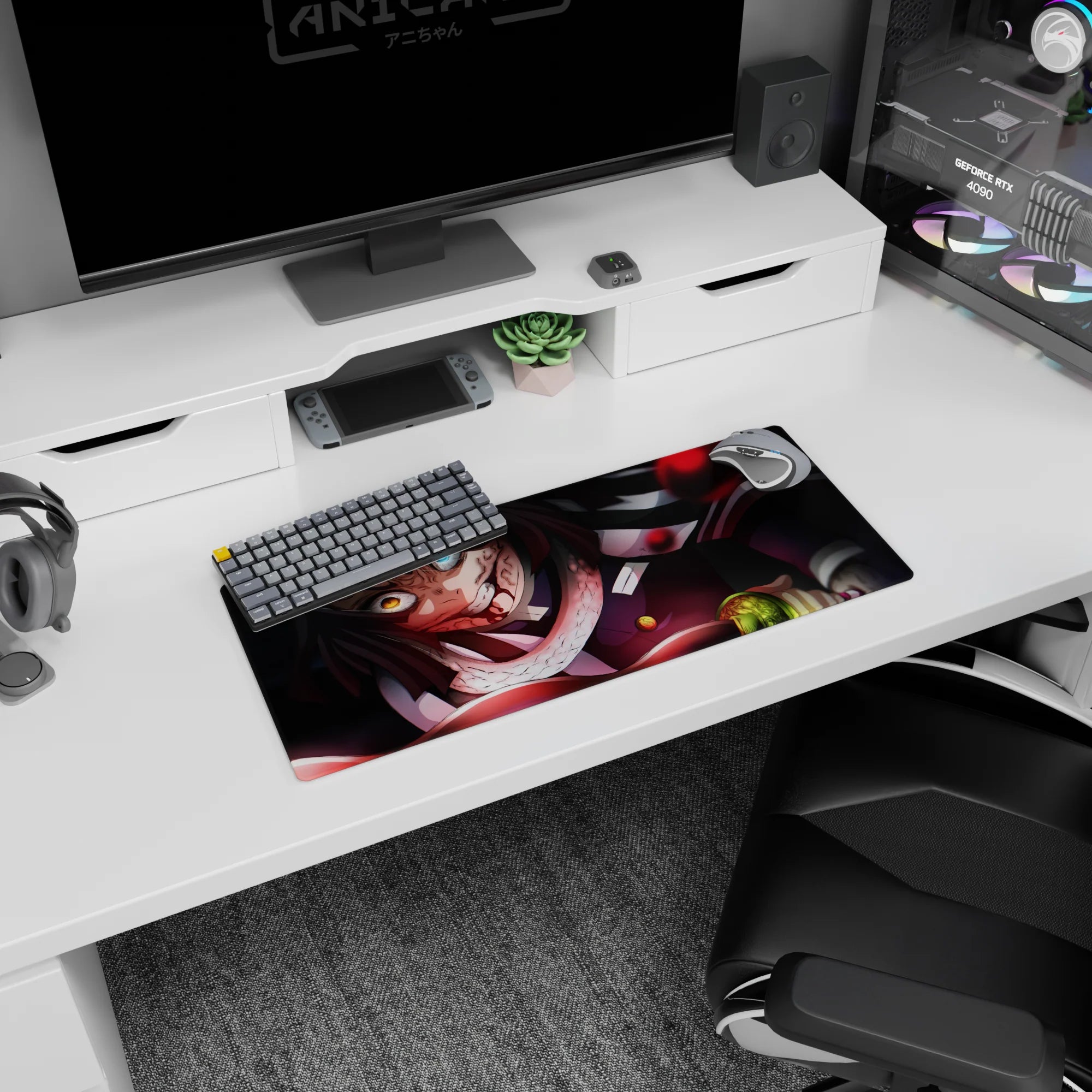 Obanai Iguro anime mouse pad 28x12 inches, featuring his serpent and battle stance with black and crimson colors.