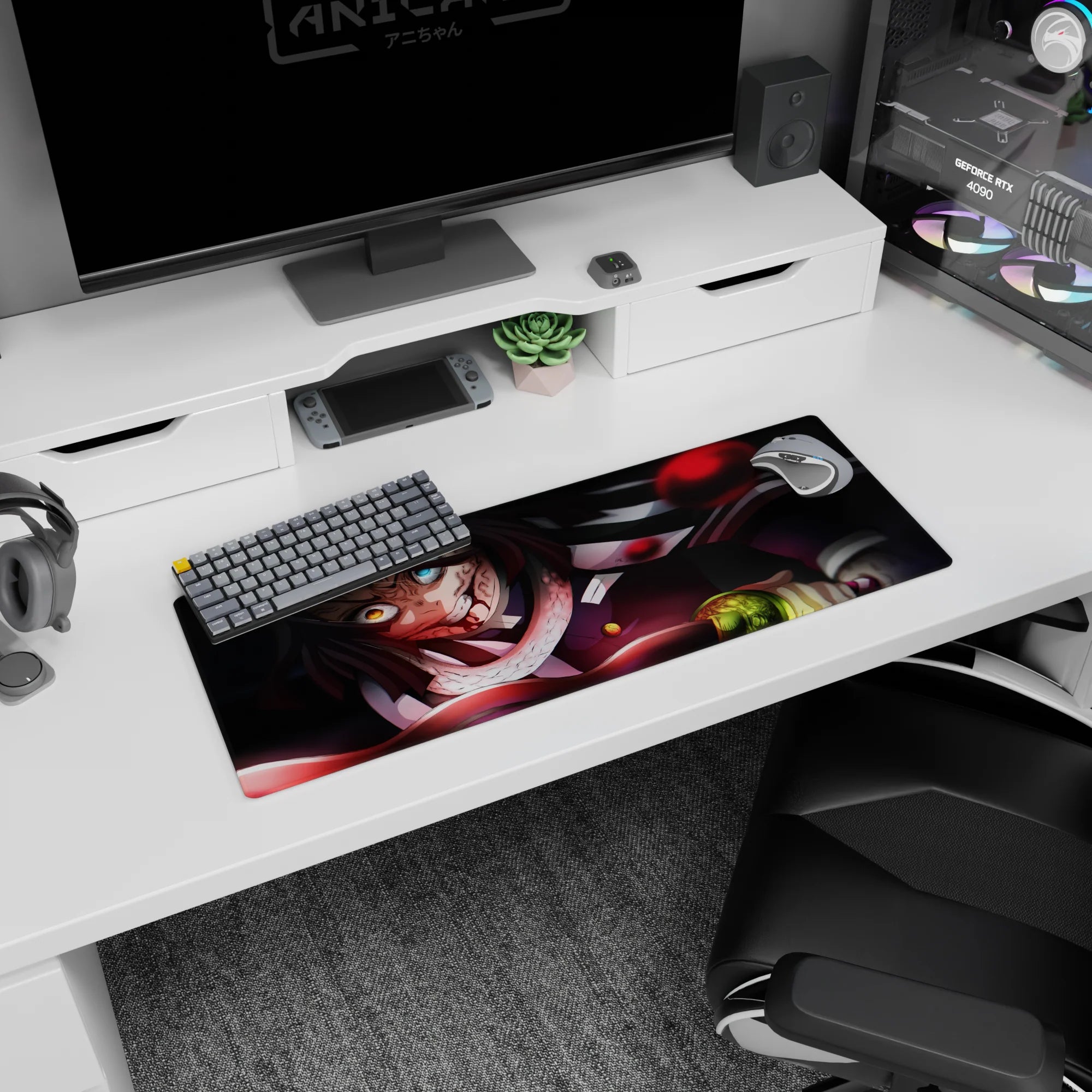 Anime mouse pad 32x12 inches featuring Obanai Iguro from Demon Slayer, in battle with serpent, black and crimson tones.