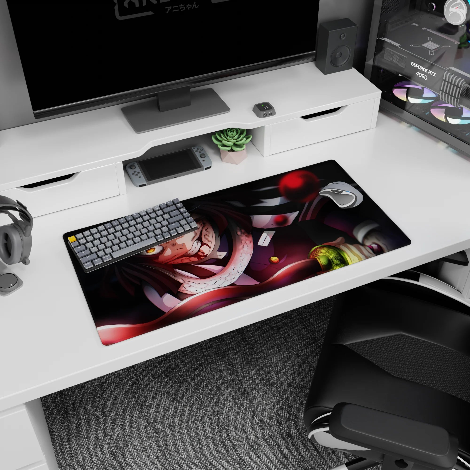 Anime mouse pad 32x16 inches featuring Obanai Iguro mid-battle, serpent in action, with a striking black and crimson palette.