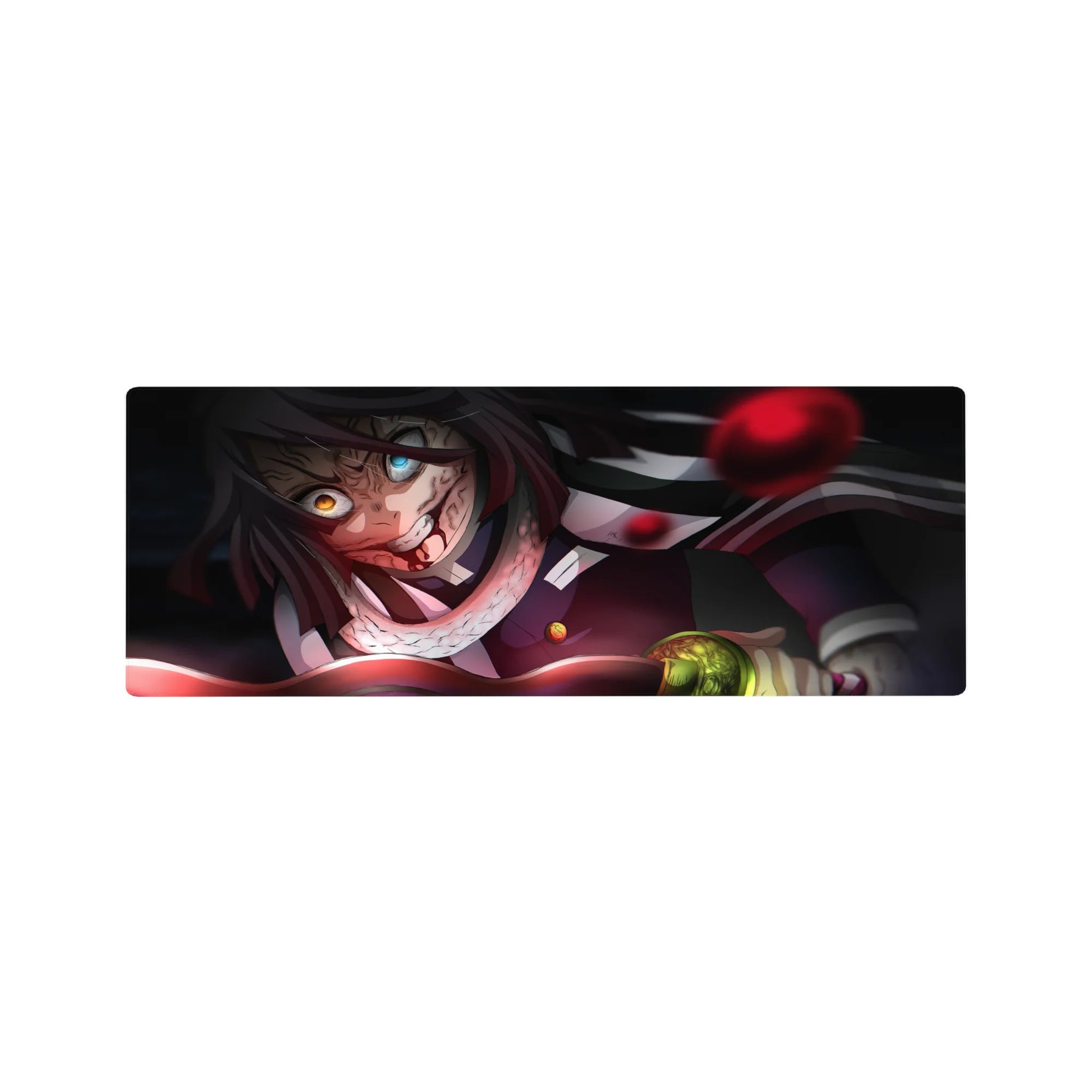 Anime mouse pad 32x12 inches featuring Obanai Iguro from Demon Slayer, intense battle scene, serpent, black and crimson tones.