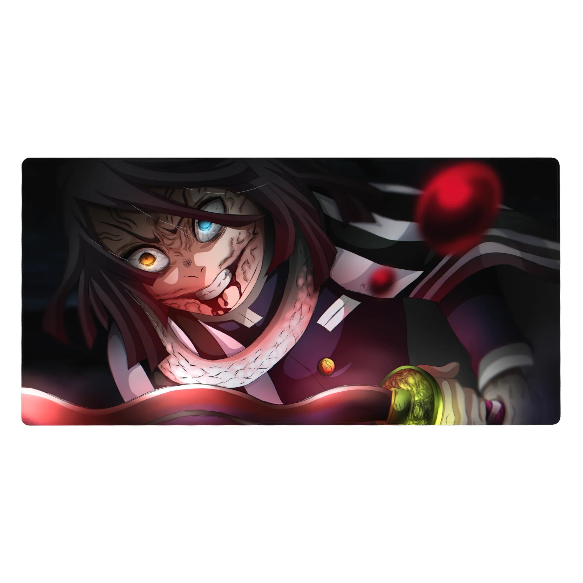 Obanai Iguro anime mouse pad, 40x20 inches, with serpent and intense black-crimson palette, captures fierce battle scene.