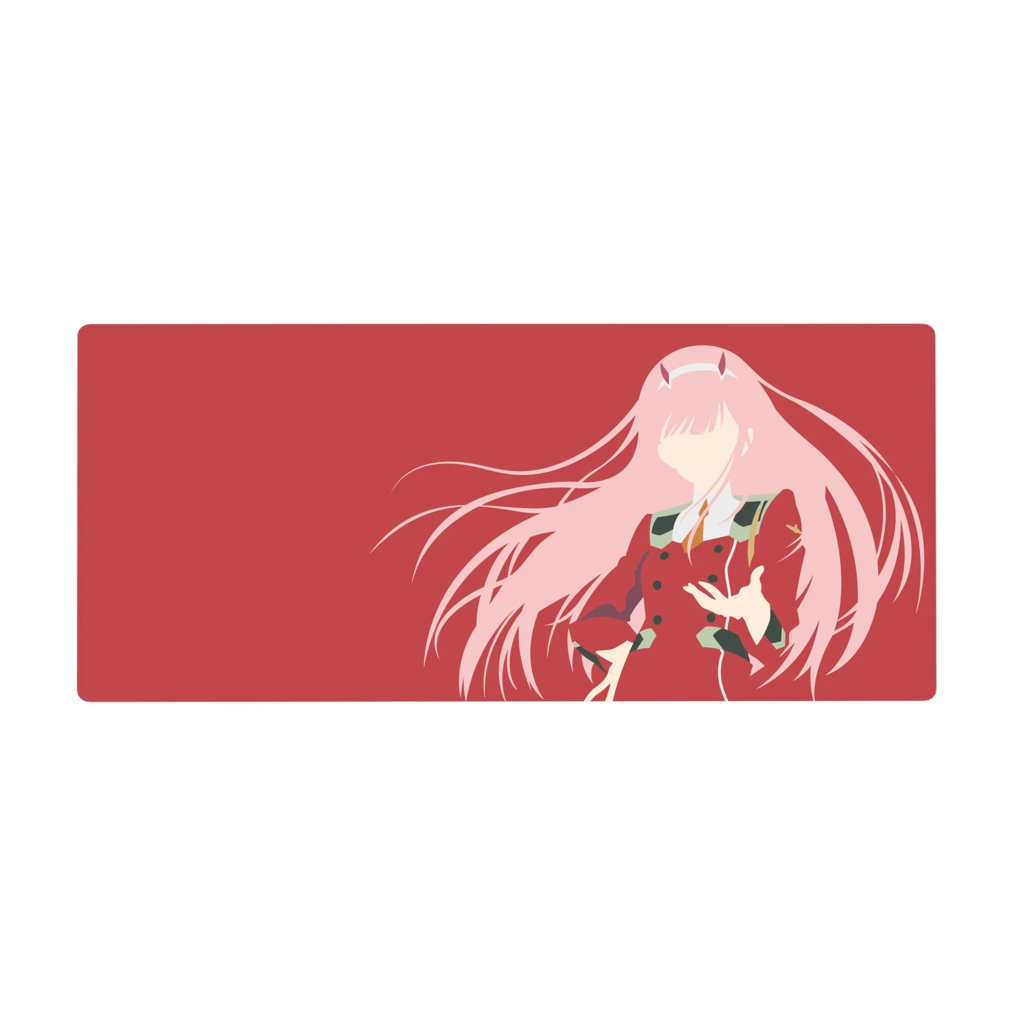 Mouse pad featuring Zero Two, 36x16 inches, in silhouette with deep red backdrop and flowing pink accents for a modern anime vibe.