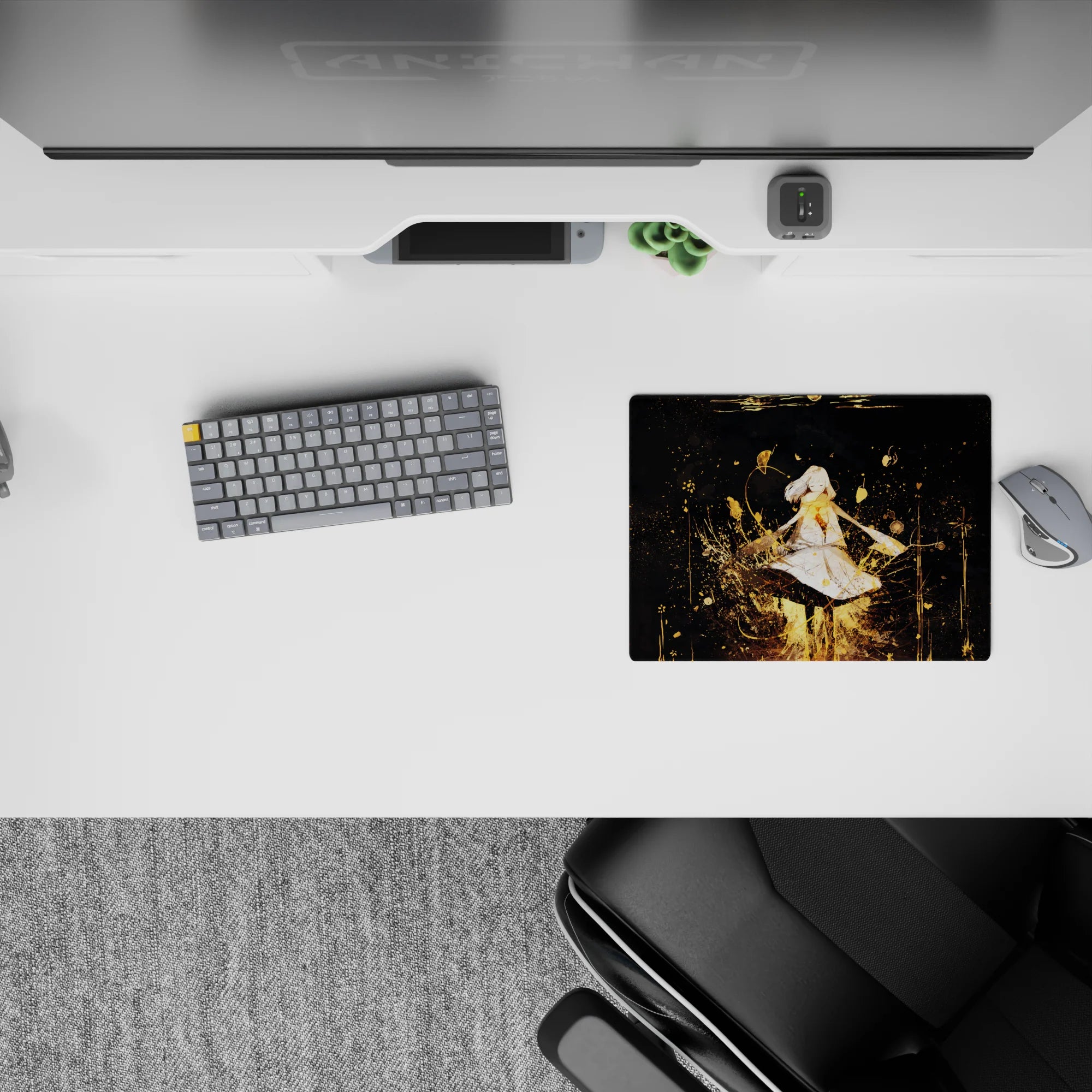 Dreamy 14x10 inches anime mouse pad in midnight black and gold, soft glow accents and sparkling doodles.