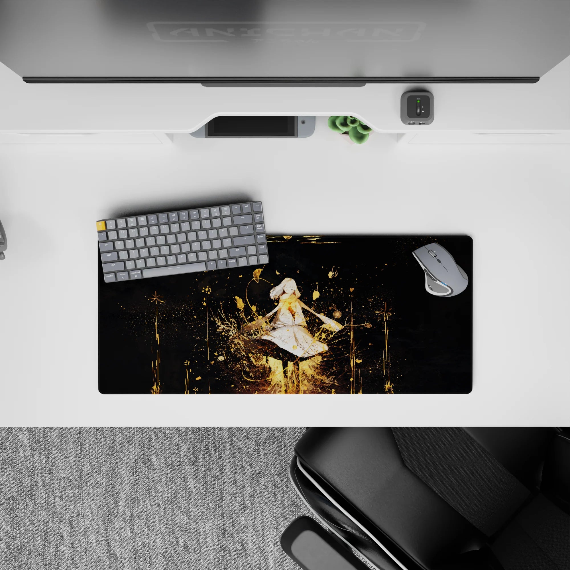 28x12 inches anime mouse pad in midnight black with golden paint streaks, stars, and a dreamy calm vibe.