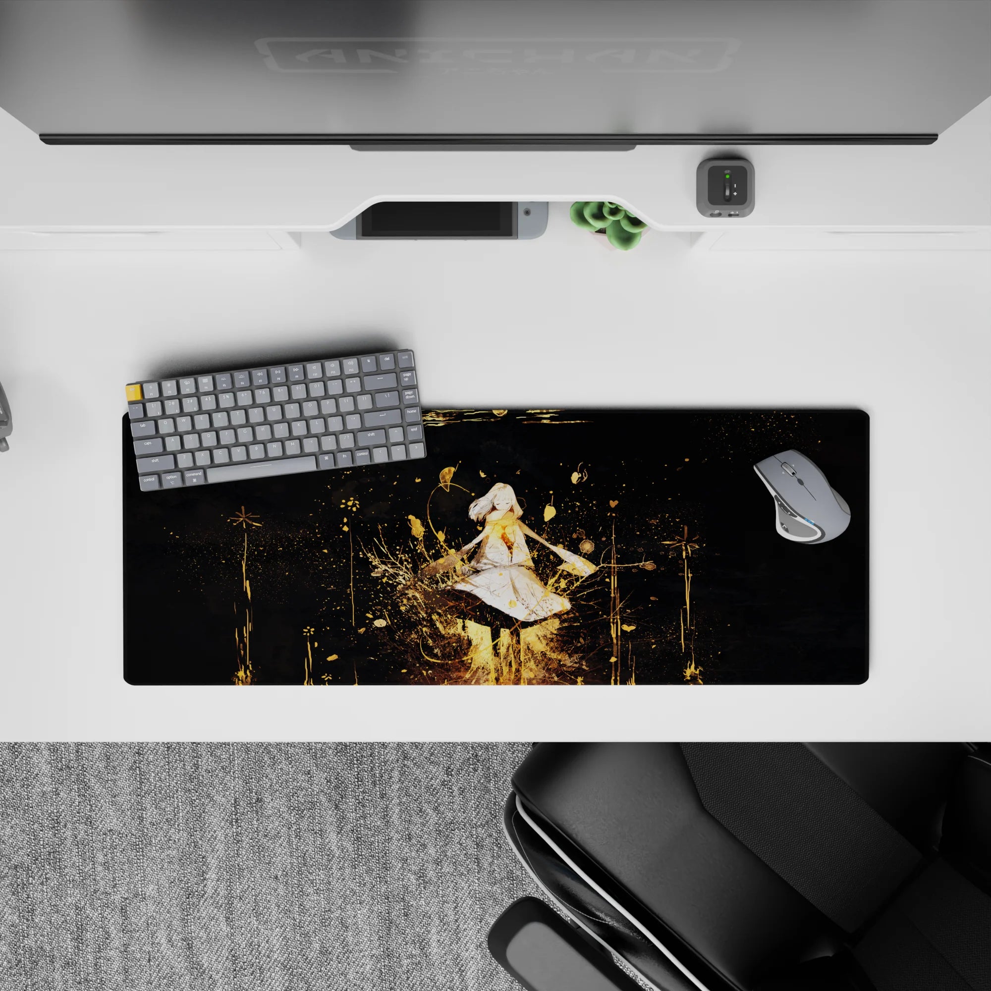32x12 inches mouse pad in midnight black with gold streaks, starburst doodles, soft magical anime vibe.
