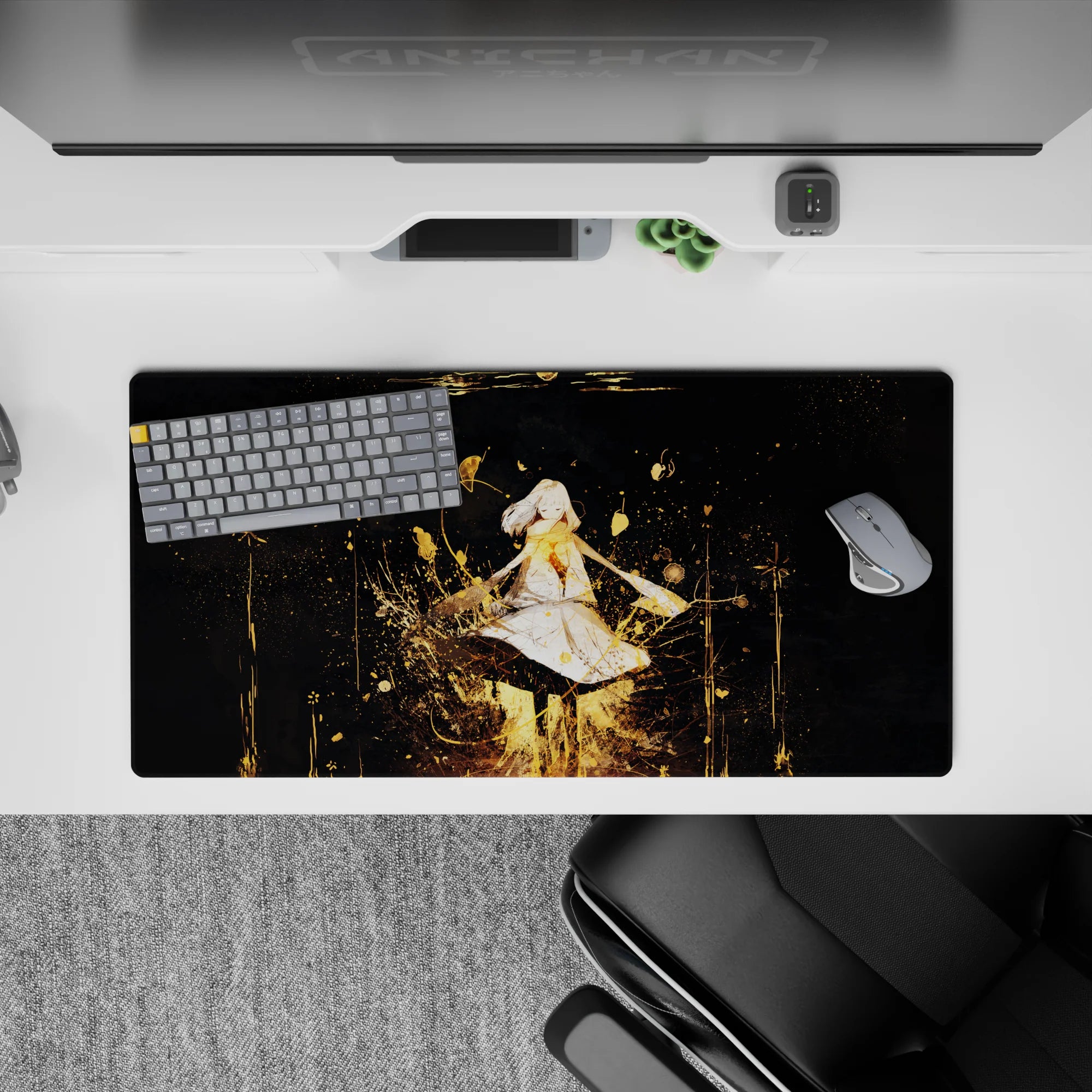 32x16 inches anime desk mat in midnight black, gold sparkles and starbursts, dreamy magical vibe.