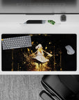 32x16 inches anime desk mat in midnight black, gold sparkles and starbursts, dreamy magical vibe.