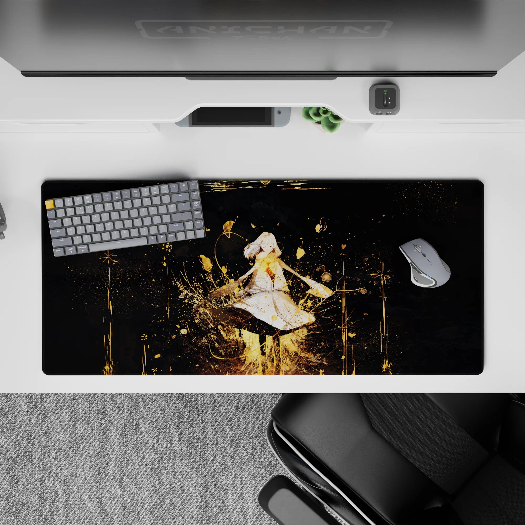 36x16 inches anime desk pad in midnight black with golden sparkles, dreamy calm vibe and soft glow.