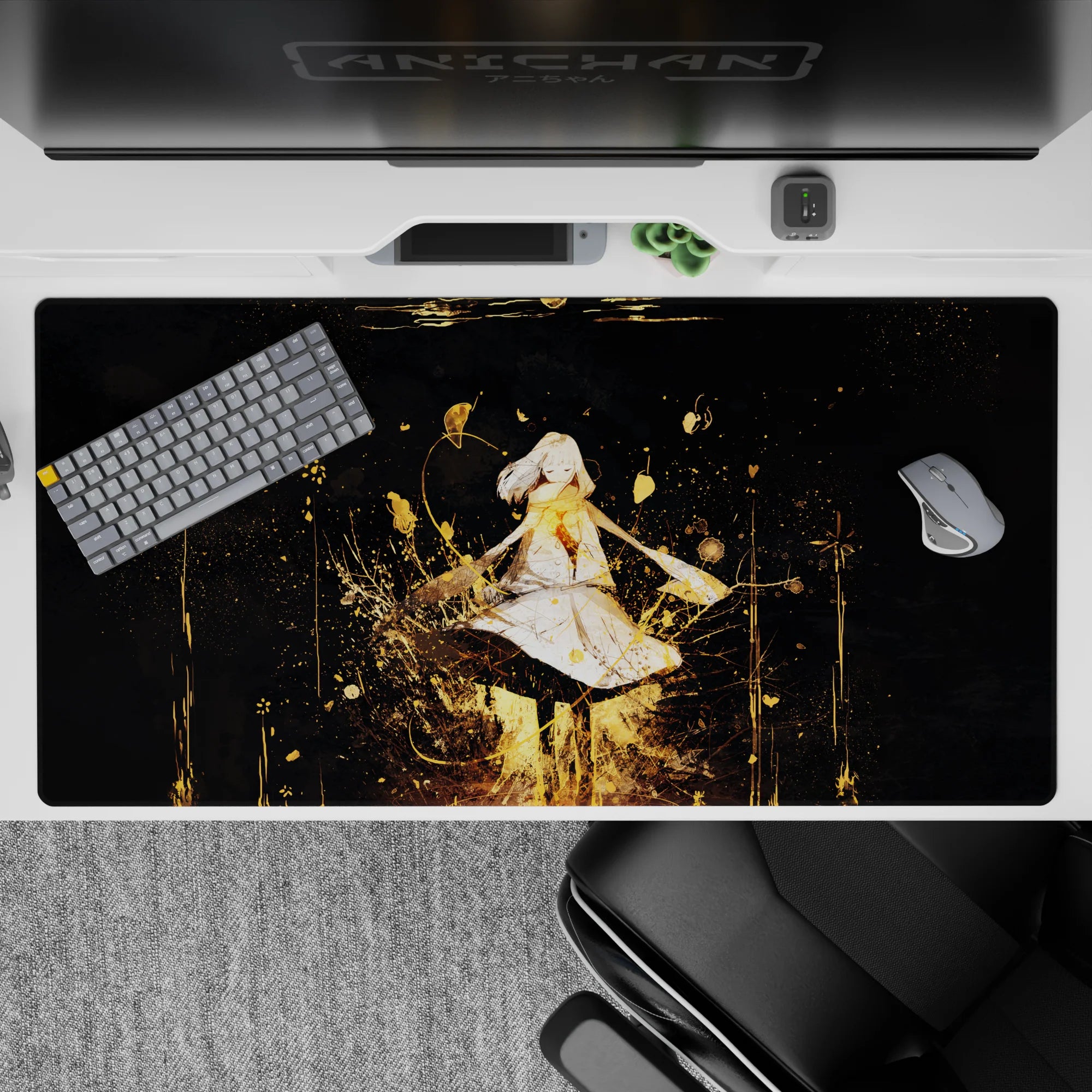 Midnight-black anime desk pad 40x20 inches with glowing gold accents, dreamy calm vibe, and sparkles.